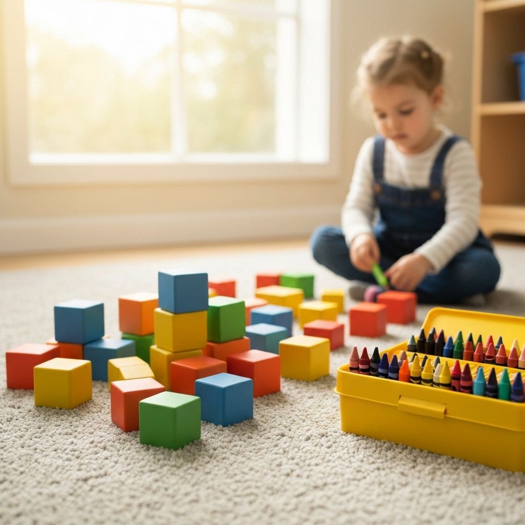 Colorful preschool learning environment with blocks and art supplies